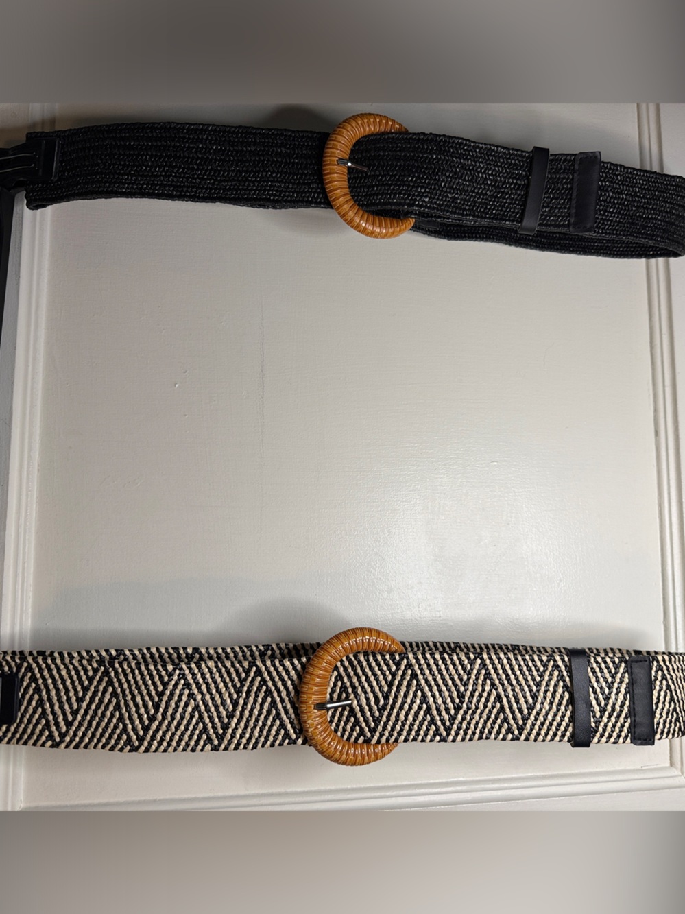Two Woven Black & Natural Dual-Style Waist Belts with Rattan Buckles